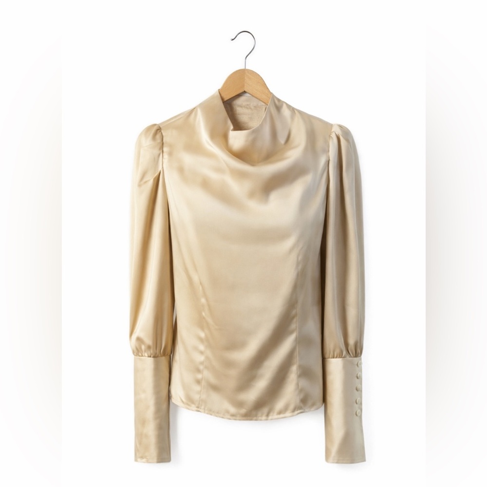 ASTR The Label Champagne Gold Satin Blouse Large Cowl Neck Puff Sleeve Luxe Top